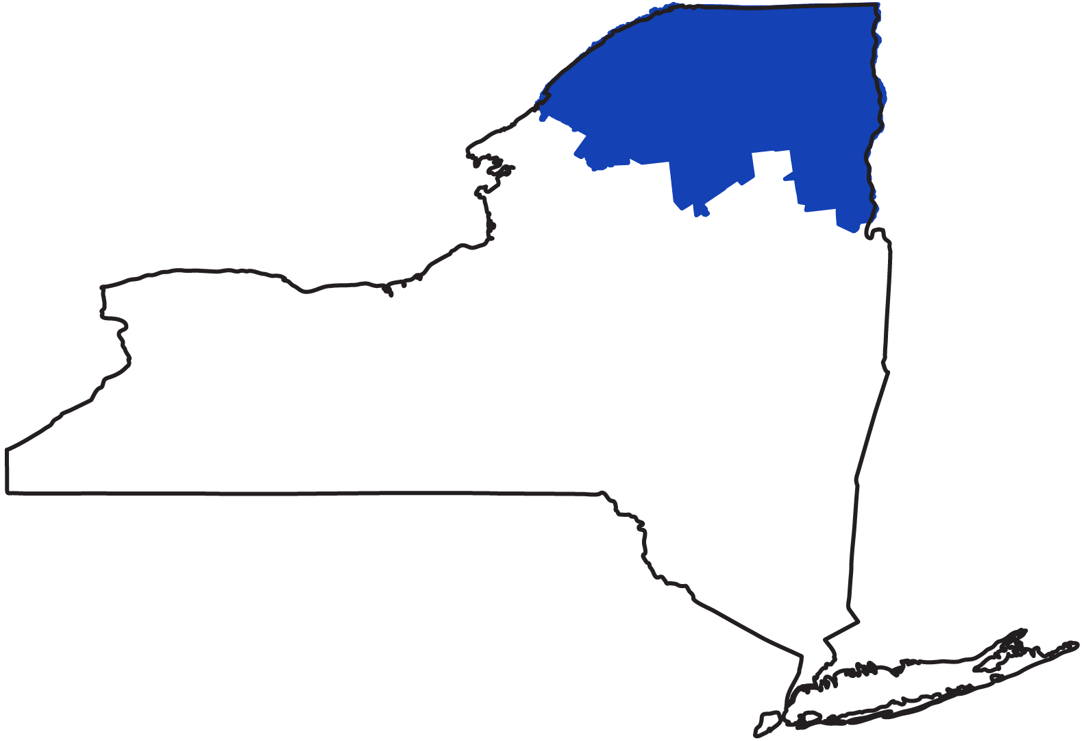 New York State map highlighting the North Country region